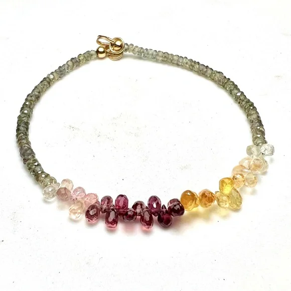 Natural Green , Plum and Yellow Sapphire Bracelet Handmade Solid 14K Yellow Gold - Picture 11 of 11